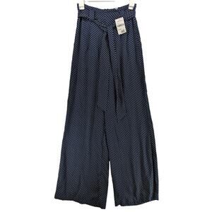 Socialite Wide Leg Pants Small Navy Ivory Polka Dot Palazzo Belt Tie Goucho Work